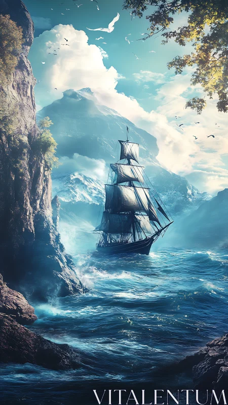 Storm-tossed tall ship navigates cinematic cliff passage