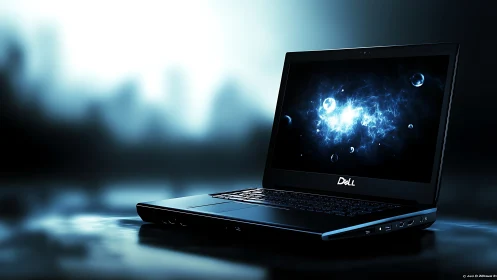 Sleek Dell laptop with luminous cosmic display on desk.
