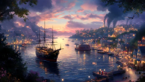 Sunset harbor city with tall ship and glowing waterfront.