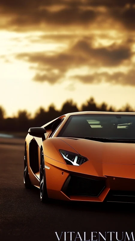 Low-angle sunset view isolates an orange supercar front
