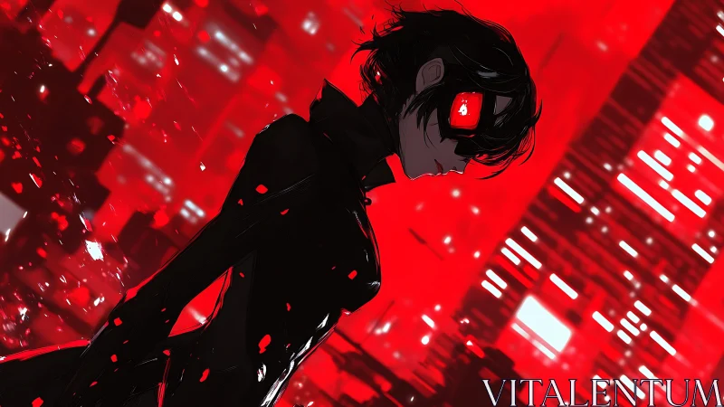 Neon vigilante in crimson cybercity silhouette at night.