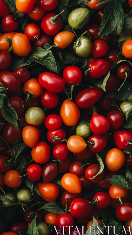 Colorful cherry tomatoes and leaves in close-up view.