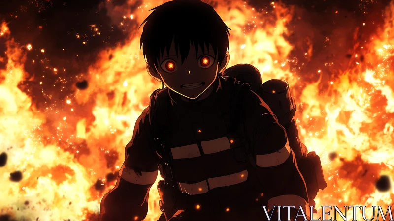 Anime Character with Glowing Eyes in Fiery Background