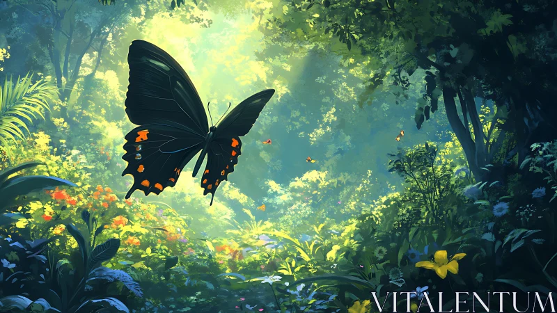 Gentle black butterfly glides through a sunlit forest garden