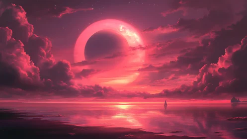 Dreamy pink eclipse over a tranquil, glassy ocean horizon.