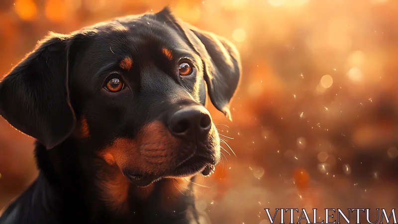 Black dog gazes upward in warm golden autumn light