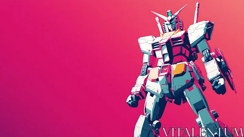 Towering cel-shaded mecha against neon pink gradient sky.