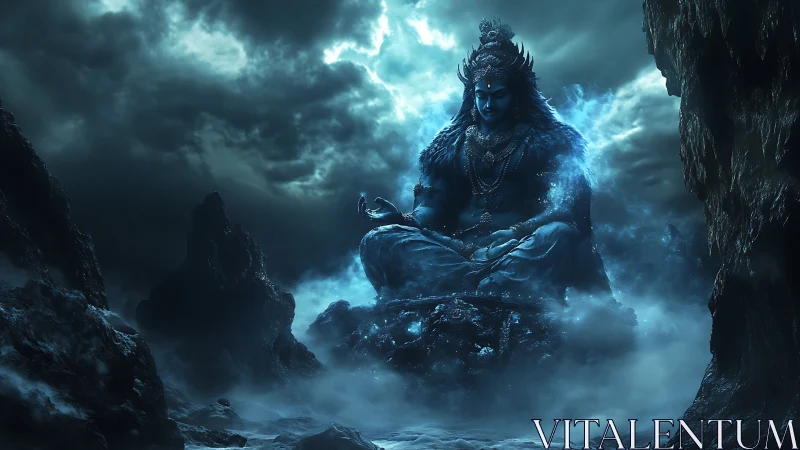 Celestial blue deity in meditative pose amid storm-lit rocks