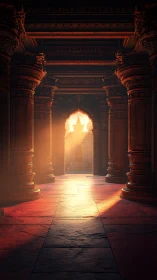 Stone temple corridor with backlit archway and columns.