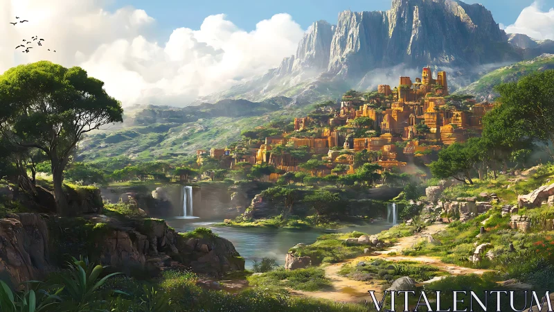 Sunlit terraced citadel rises above verdant river valley