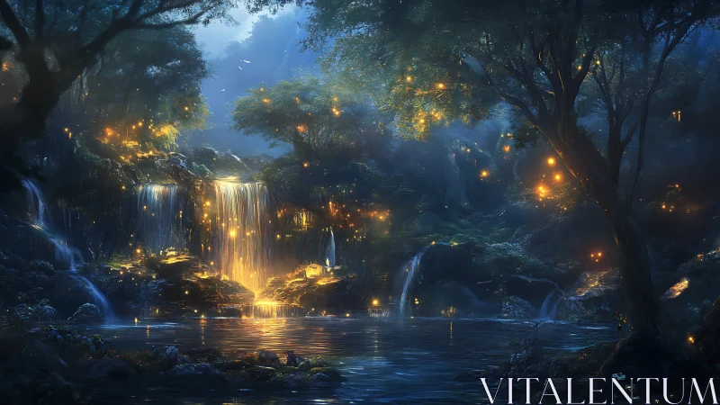 Illuminated waterfall forest landscape with nocturnal lighting effects.