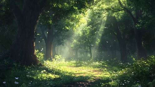 Luminous forest glade bathed in ethereal sunlight through ancient trees