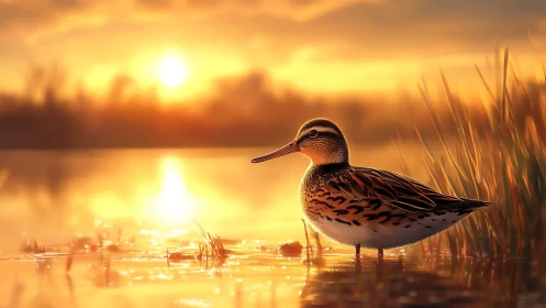 Golden sunset wader resting by a softly glowing lakeshore.