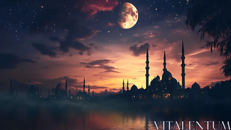 Moonlit mosque skyline over misty water at dusk.