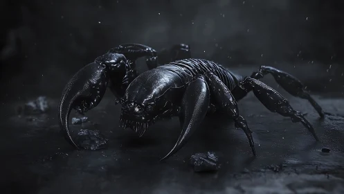 Armored alien scorpion crouches on wet dark ground