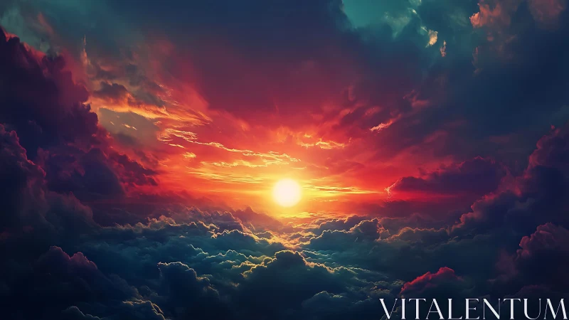 Digital rendering of sun over dense stratified cloud field.