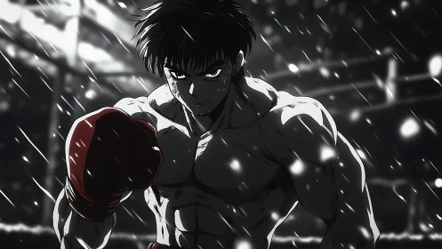 Determined anime boxer holds guard under dramatic arena rain