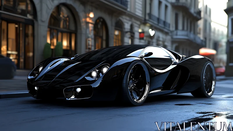 Black concept sports car on wet city street at dusk.