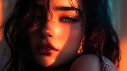 Sunlit portrait captures intense gaze in glowing warm shadows