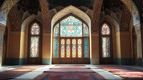 Stained glass interior of mosque with patterned carpets.