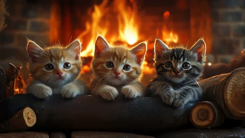 Three Kittens Cozy by the Crackling Fireplace.