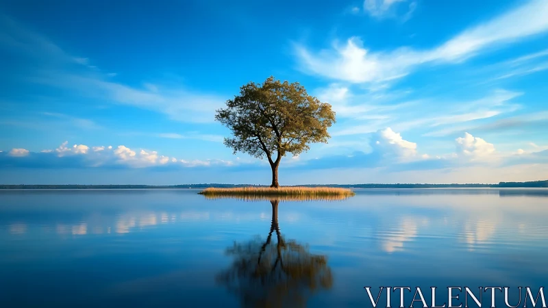 Lone tree on small island reflected in calm blue lake, serene style.