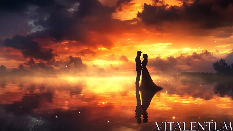 Silhouetted couple embracing across luminous water surface at golden hour.