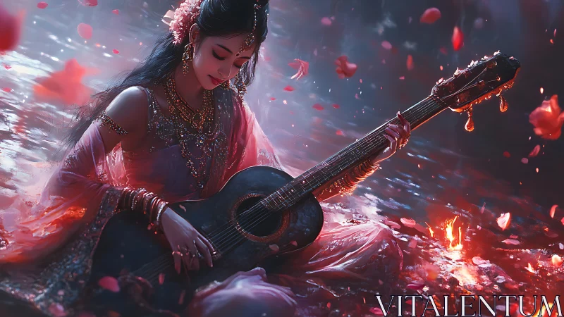 Ornate goddess musician with black guitar amid glowing water