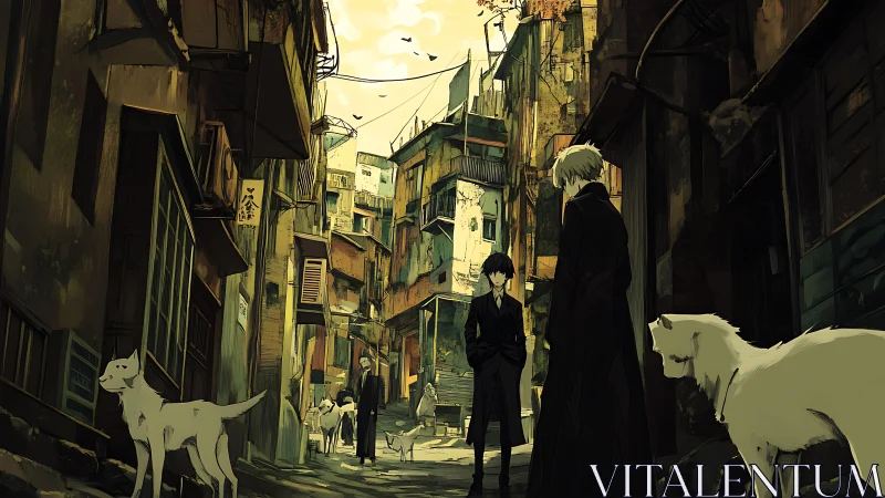 Stray dogs patrol while quiet detectives split the alley gloom