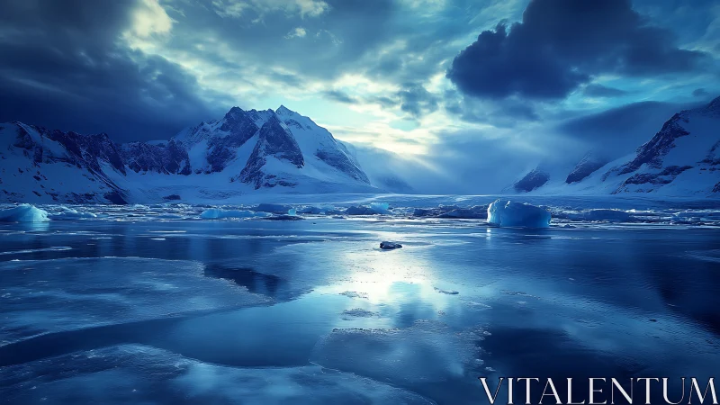 Icy polar bay with blue water and rugged snowy mountains.