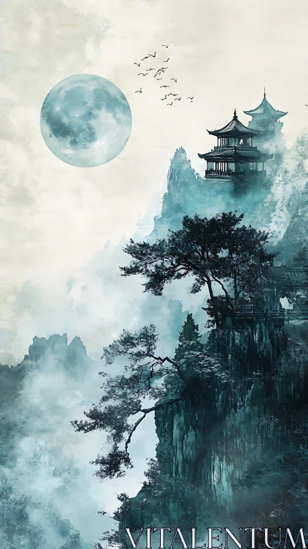 Moonlit mountain temple above misty pine cliffs at dusk.