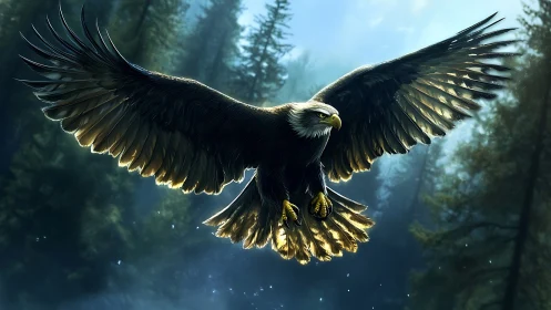 Majestic Bald Eagle in Flight Over Misty Forest, Realistic Digital Art.