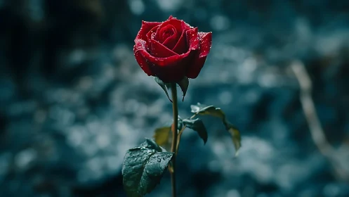 Photorealistic scarlet rose on cool-toned blurred ground.