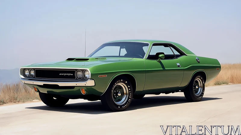 Bold green classic muscle car glows under a clear sky