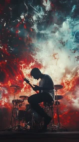 Guitarist ignites cosmic drumstage in storm of color and sound.