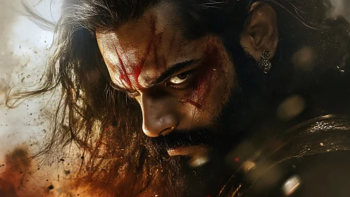 Warrior close-up with battle scars and burning grit gaze.
