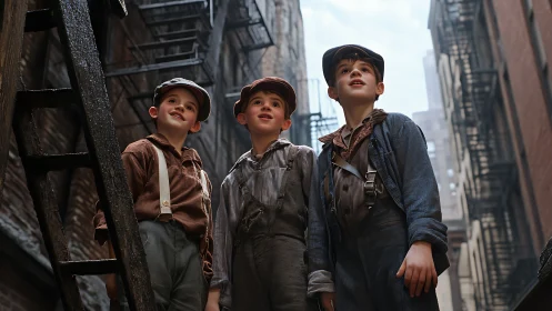 Three Boys in Urban Alley Looking Upward.