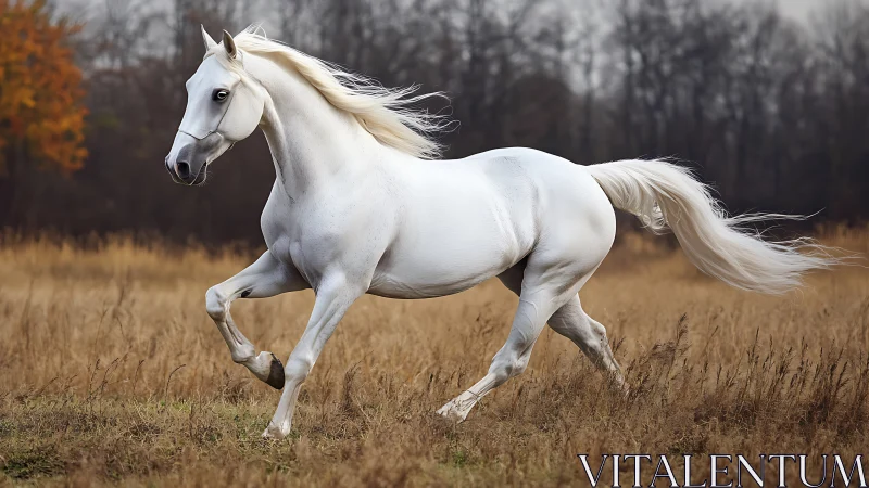 White stallion runs freely across autumn meadow landscape.