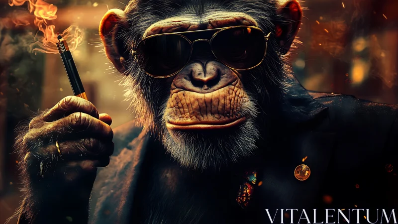 Smoking chimp in tailored suit under molten neon glow.