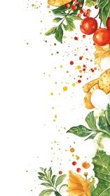 Vertical watercolor border with fruit, leaves, and crackers.