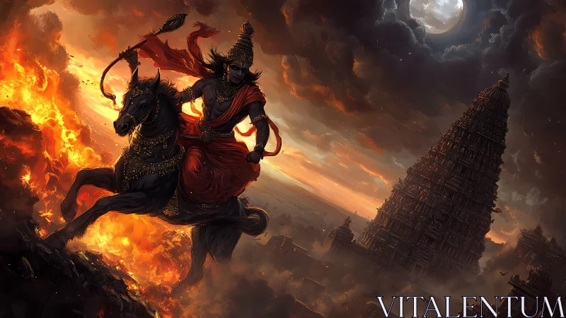 Mythic warrior on horseback amid inferno, temple skyline digital painting.
