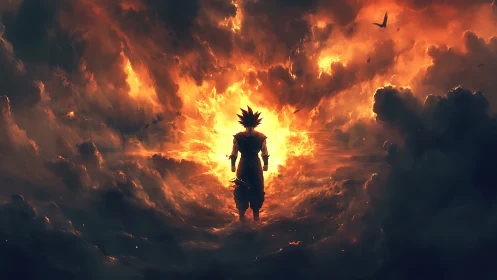 Stormwalker in ember clouds confronts a blazing horizon.