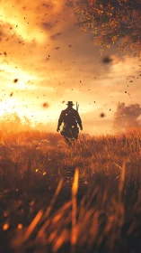 Lone warrior walks through burning orange sunset field.