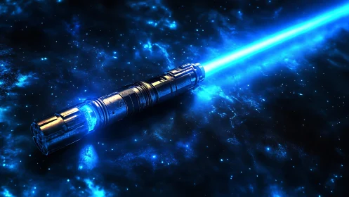 Plasma energy sword hilt emitting blue volumetric beam in space
