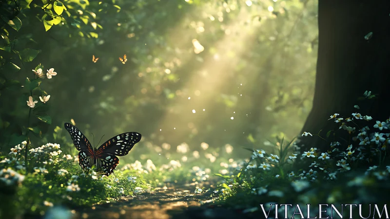 Majestic butterfly in sunlit forest clearing, dreamy fantasy style.