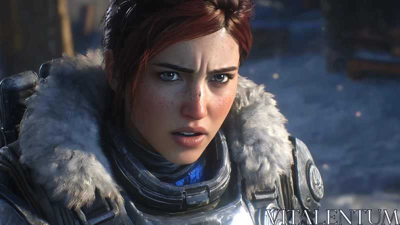 Armored red haired soldier glares upward in icy wind