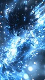 Blue energy-charged anime warrior in explosive aura surge.