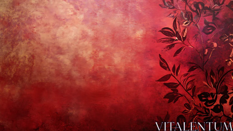 Textured crimson gradient backdrop with silhouetted floral vines