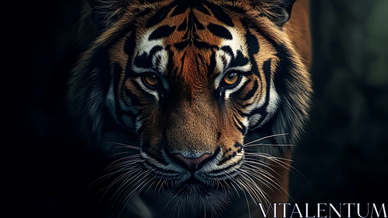 Tiger portrait with intense gaze in dramatic low light.