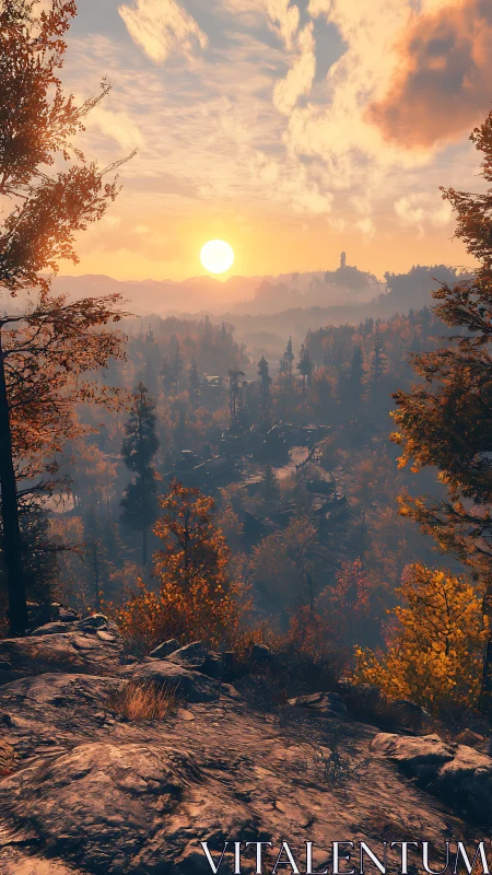 Sunlit autumn valley with misty forested ridges at dusk.